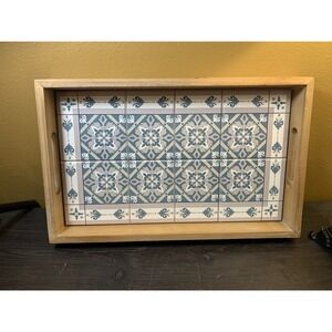 CBK Decorative Tile Resin Accent Wood Tray In Gray Blue And White